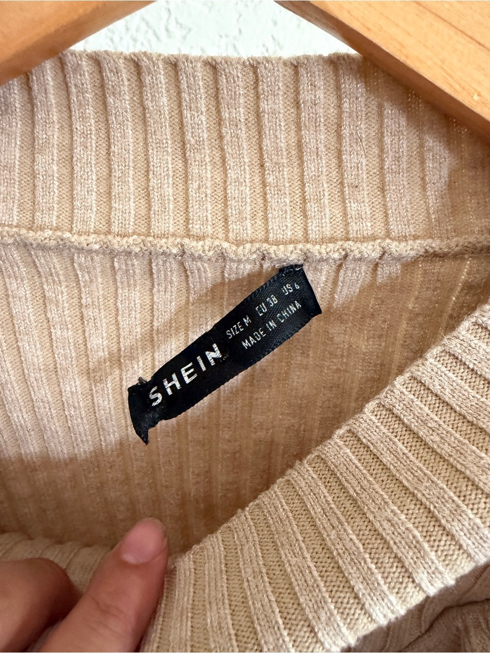 SHEIN Beige Ribbed Ruffle-Trim Crop Sweater - Picture 3 of 3